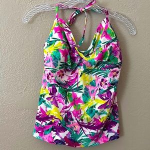 Women’s Catalina Swim Halter Tropical Print Tankini Top, Size XL (16-18)